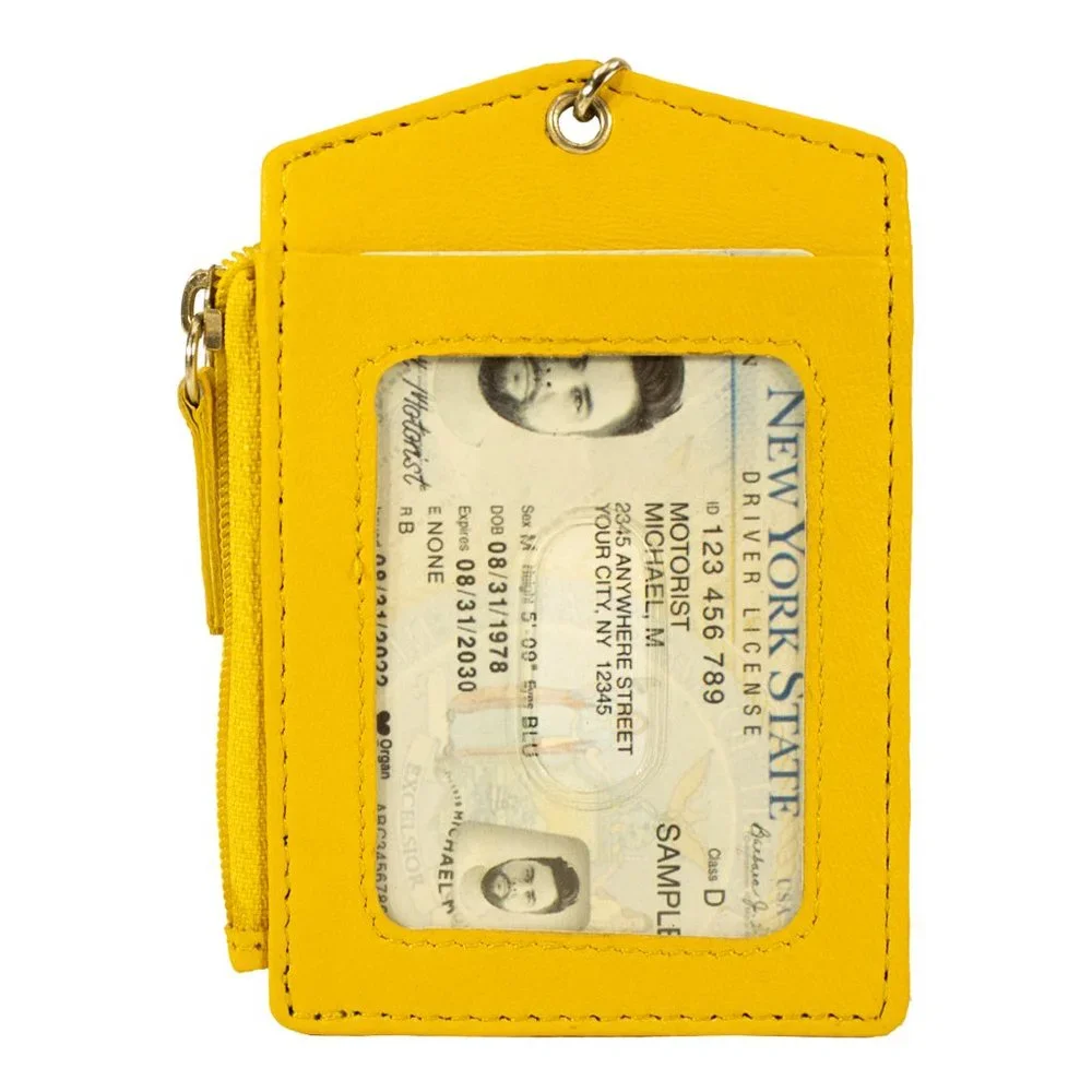 Premium Genuine Leather ID Lanyard Card Holder with Long Metal